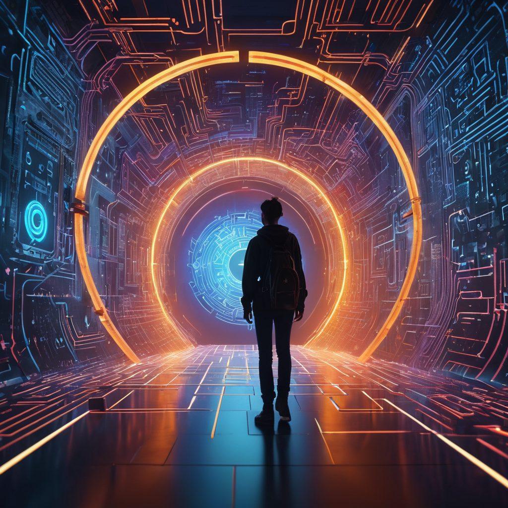 A labyrinth filled with glowing digital pathways intertwining, representing the complexities of the internet. A silhouette of a person in the center, exploring with a futuristic device, symbols of security like a lock and shield floating around. Ethereal light beams illuminating the path, with a surreal gradient background of cyberspace. cyberpunk. vibrant colors. 3D.