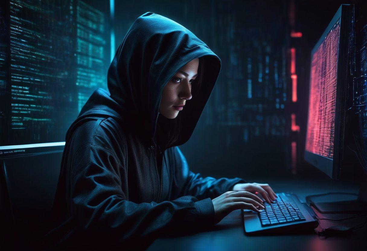 A mysterious figure cloaked in shadows, sitting at a computer surrounded by glowing code and digital icons representing privacy and security. The background is a blend of dark blues and blacks, suggesting the vastness of the digital space, while hints of vibrant neon colors highlight keys and passwords. Elements like a lock and shield symbolize protection amid the anonymity theme. The atmosphere conveys both intrigue and caution. cyberpunk. vibrant colors. dark background.
