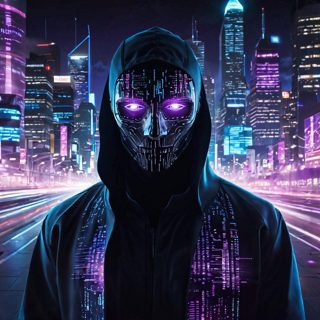 A mysterious figure wearing a digital mask, surrounded by swirling shadows and data streams, symbolizing the need for privacy in a tech-savvy world. The background features a city skyline with glowing digital screens, capturing the essence of the modern digital landscape. Envelop the scene in dark blues and purples to enhance the feeling of intrigue and caution. super-realistic. vibrant colors. cyberpunk.